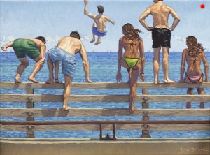 kids jumping off Jaws Bridge Martha's Vineyard painting