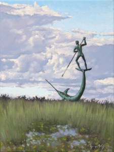 Oil painting of Harpooner sculpture in Menemsha, Martha's Vineyard