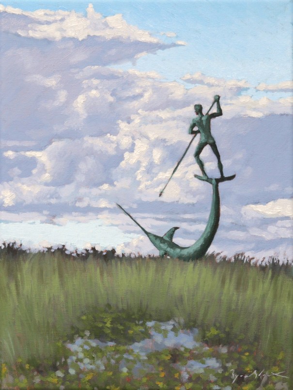 Oil painting of Harpooner sculpture in Menemsha, Martha's Vineyard
