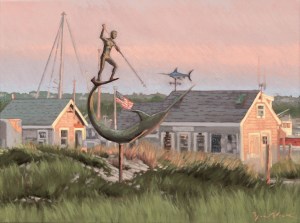 Sunset oil painting of harpooner sculpture in Menemsha, Martha's Vineyard