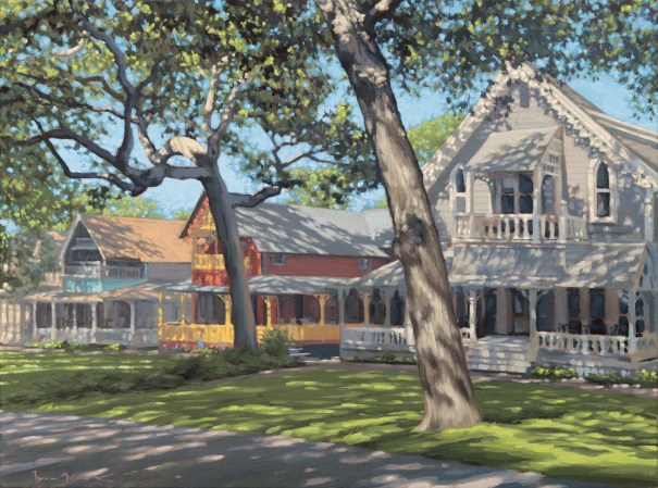 oil painting of gingerbread houses in Oak Bluffs Martha's Vineyard