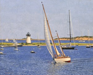 oil painting of Edgartown light with a sailboat, The Magic Carpet, sailing into Edgartown harbor