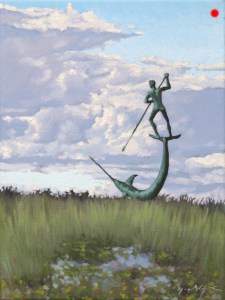 Oil painting of Harpooner sculpture in Menemsha, Martha's Vineyard