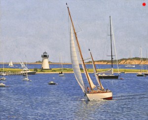oil painting of Edgartown light with a sailboat, The Magic Carpet, sailing into Edgartown harbor