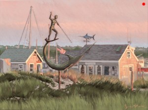 Sunset oil painting of harpooner sculpture in Menemsha, Martha's Vineyard