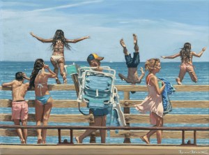 Jaws Bridge oil painting featuring kids jumping