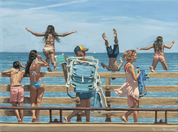 Jaws Bridge oil painting featuring kids jumping