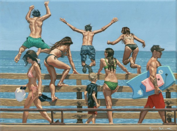Jaws Bridge oil painting featuring kids jumping