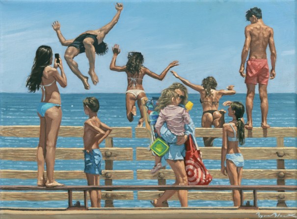 Jaws Bridge oil painting featuring kids jumping