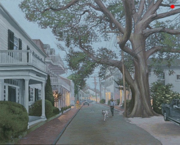 oil painting of Edgartown at dusk