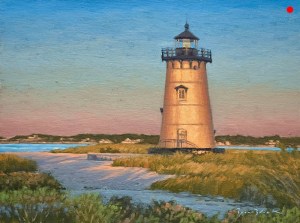 Oil painting of Edgartown Light in golden hour lighting