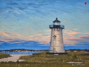 Oil painting of Edgartown Light at sunset
